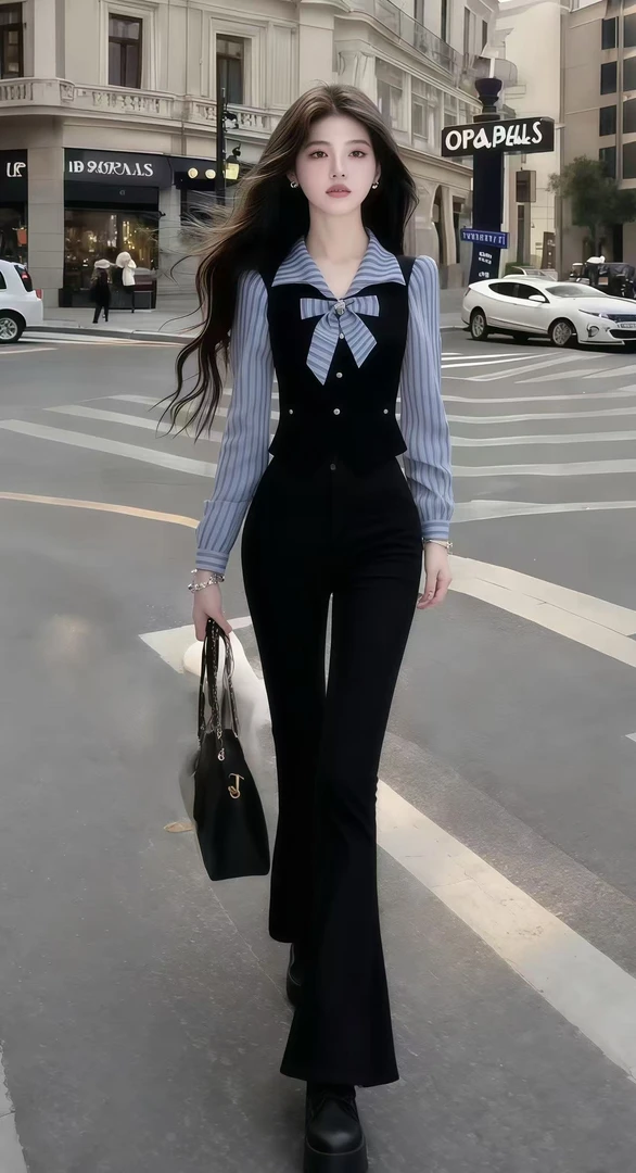 秋季新款时尚蓝色翻领条纹长袖衬衫+黑色百搭马甲+黑色长裤三件套