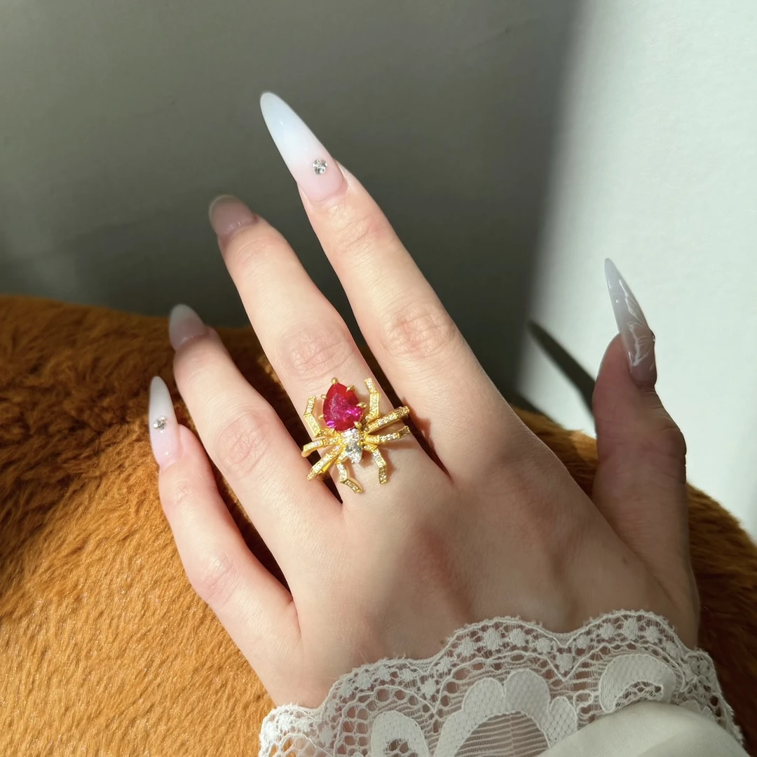 足金红蜘蛛戒指5D开口黄金戒指