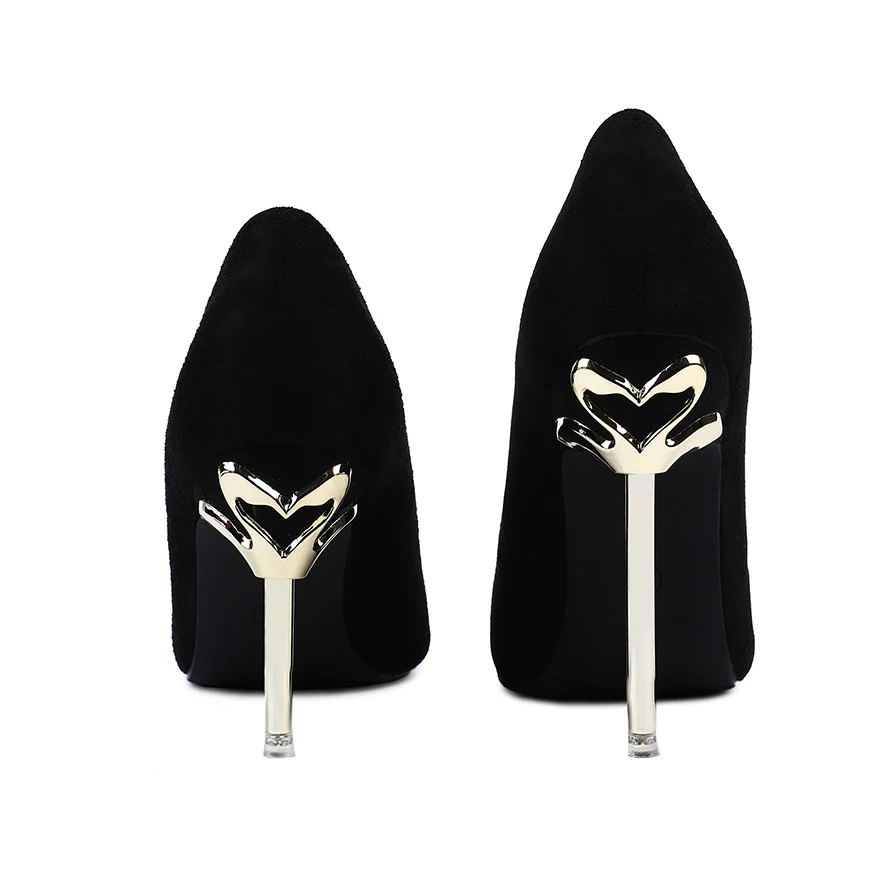 8-10厘米性感时尚尖头金属电镀跟超高跟女鞋百搭职业黑色绒面单鞋