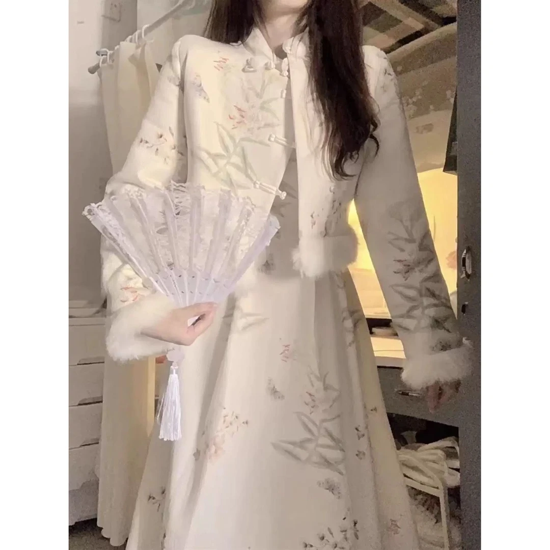 秋冬新中式复古改良旗袍碎花连衣裙毛边拼接短款外套新款潮牌女装