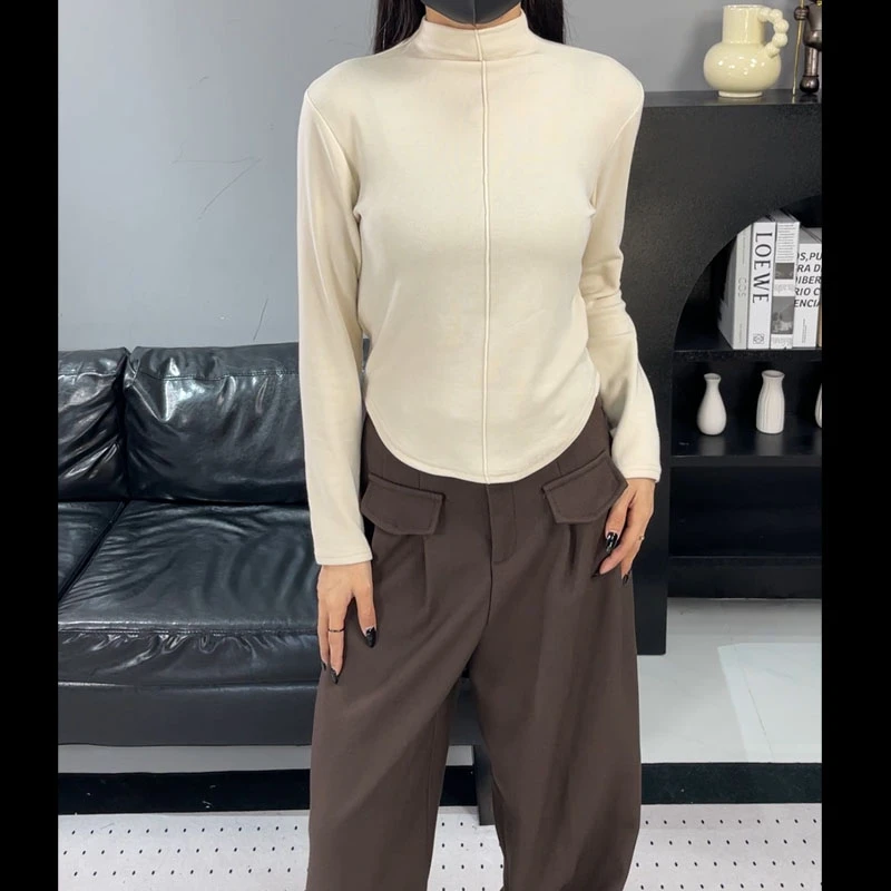 【清仓】39822加绒高弹新款长袖中领纯色百搭休闲套头打底衫女