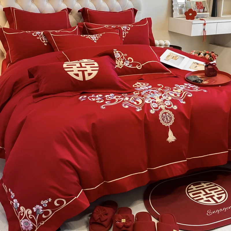 水星高端家纺中式婚庆四件套大红色喜庆结婚纯棉被套婚房喜被陪嫁