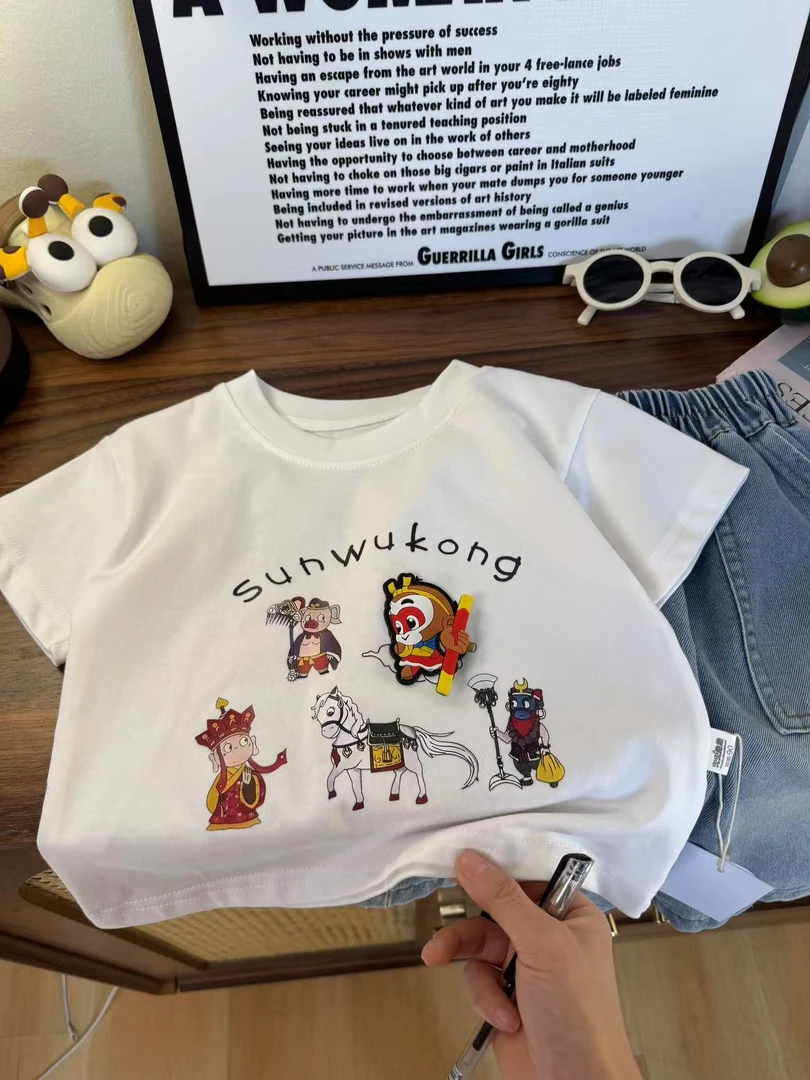 YM【JMJQ 2116】夏季中小童韩版织条纹清爽悟空印花圆领短袖