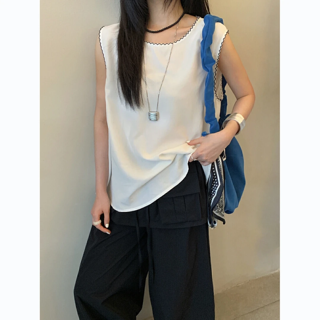 2025夏季澳洲精棉圆领宽松休闲百搭简约气质露肩背心上衣W-376