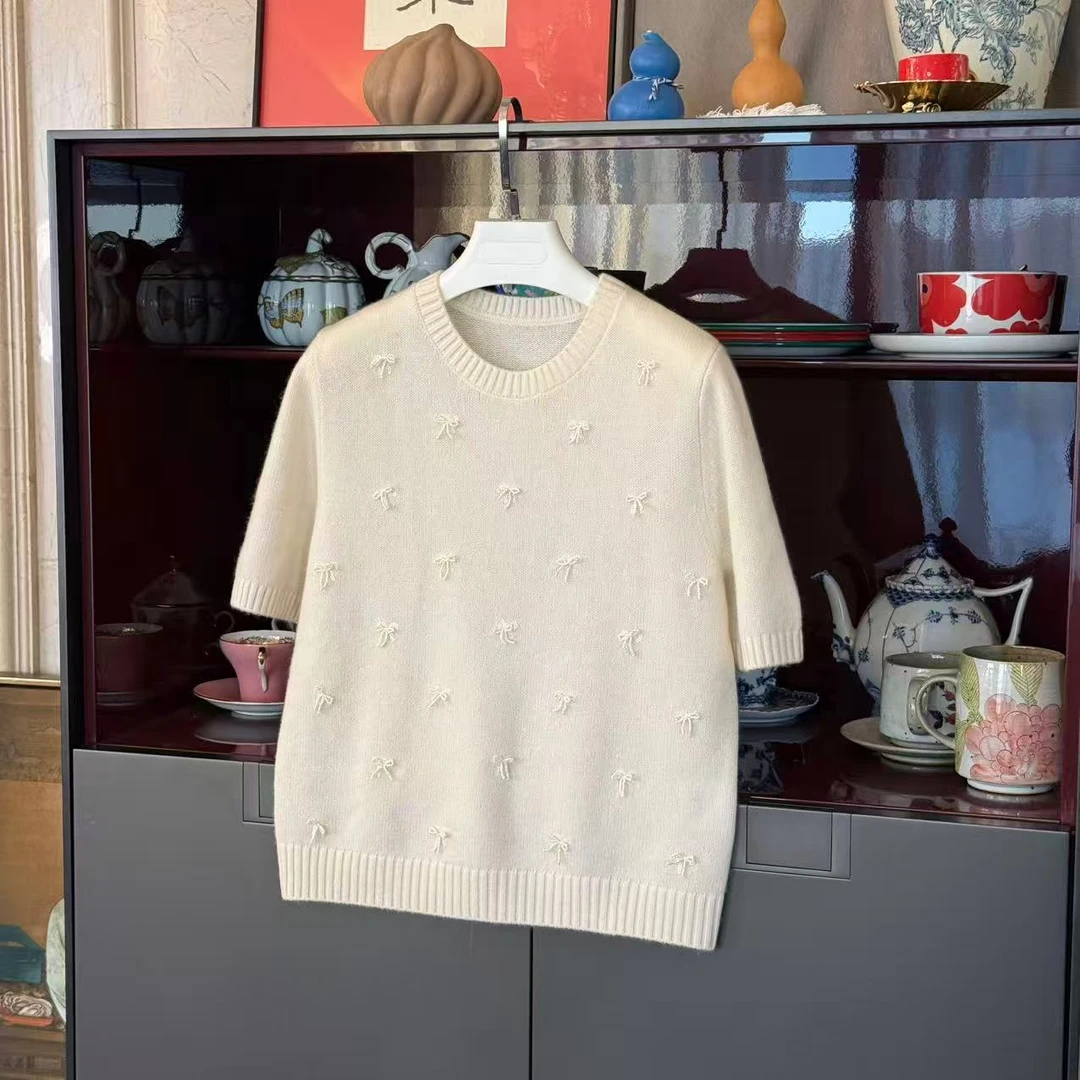 MYL 2025年秋季新款羊绒针织衫套头蝴蝶结圆领短袖针织套头衫