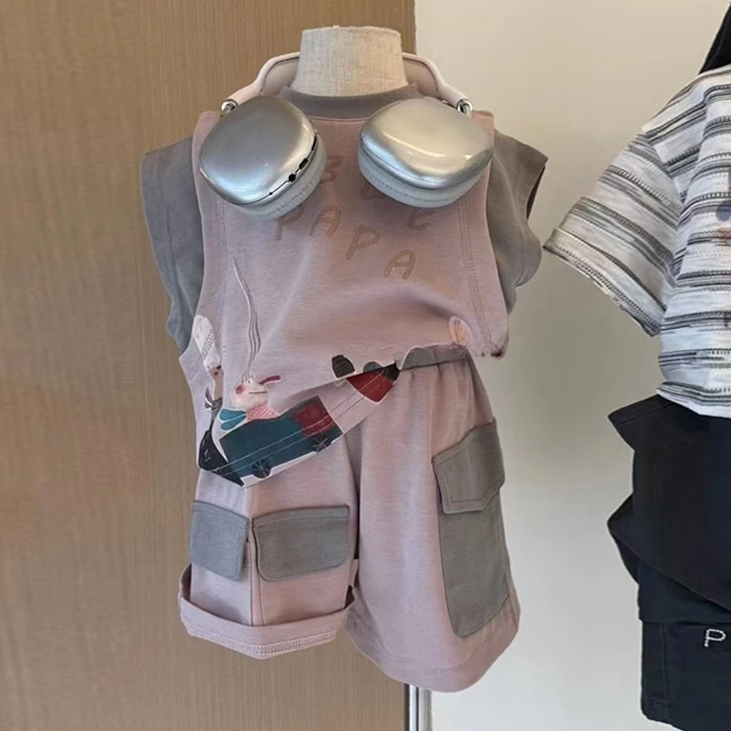 男童夏装套装2025新款洋气男孩纯棉休闲背心儿童宽松短裤两件套潮