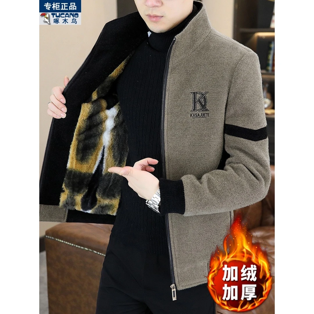 啄木鸟秋冬夹克男士立领短款毛呢大衣中老年加绒加厚冬装呢子外套