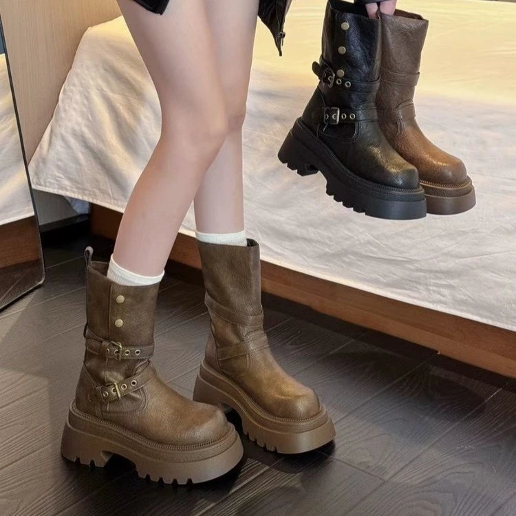 美拉德复古棕色马丁靴女2025秋冬新款两穿翻折厚底增高中筒短靴子
