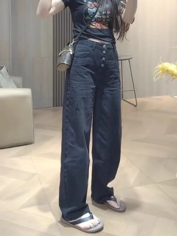 牛仔裤女士2025早秋新款裤子显瘦高腰长裤时尚宽松韩版直筒阔腿裤