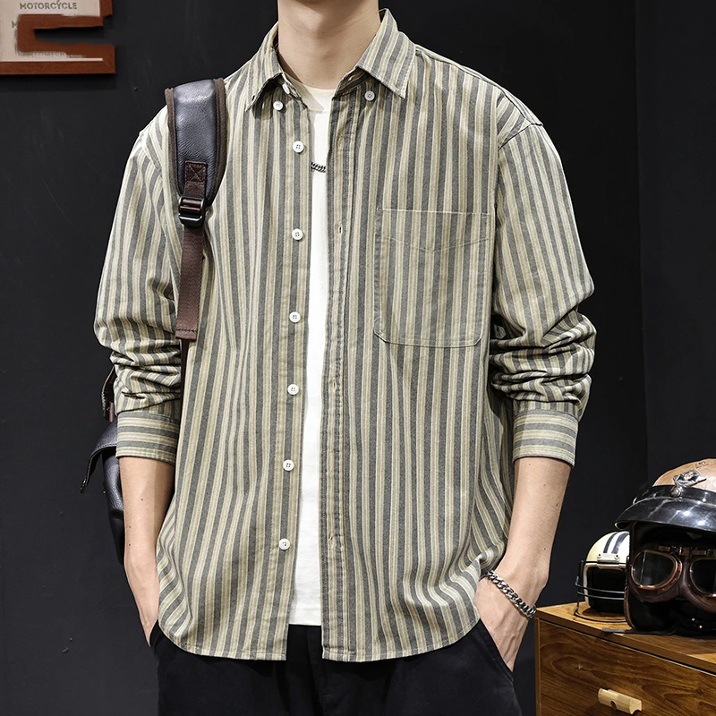 MR.MUDI/穆迪先生条纹长袖衬衫男士秋季新款美式高端纯棉大码外套