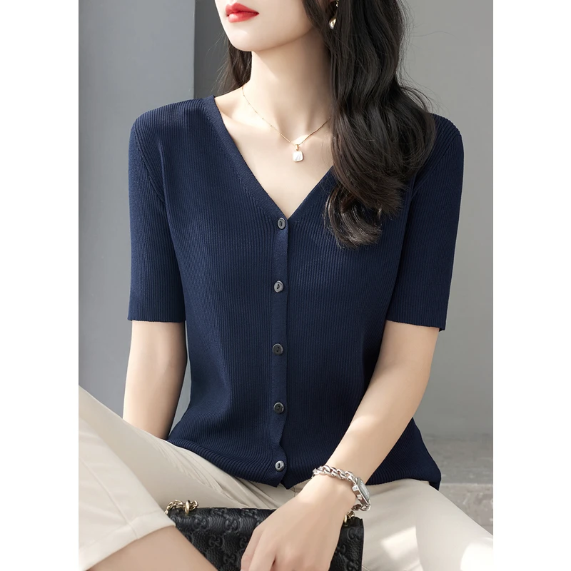 冰丝短袖T恤女宽松夏季新款纯色大码遮肚显瘦薄款洋气上衣针织衫