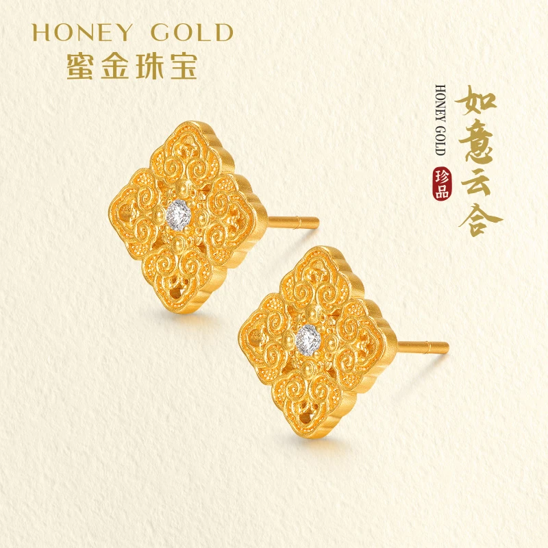 蜜金珠宝黄金耳钉足金古法镶嵌如意云合耳饰HGJ1650工费1030Y