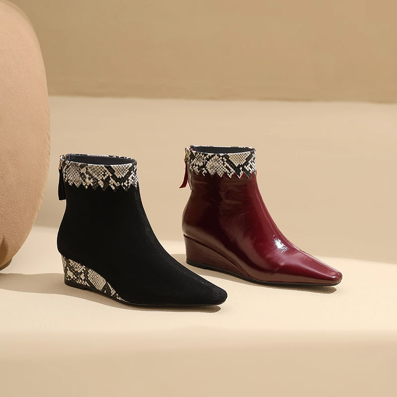 AMEINOR2025秋冬季新款时尚个性真皮拼接坡跟女士尖头短靴0121