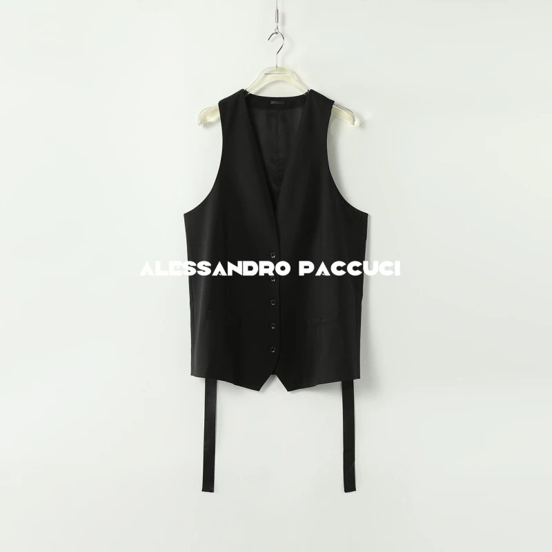 【特价不支持退换】洛哥43062MJ【雅贵】绵羊毛V领黑色织带马甲2024秋