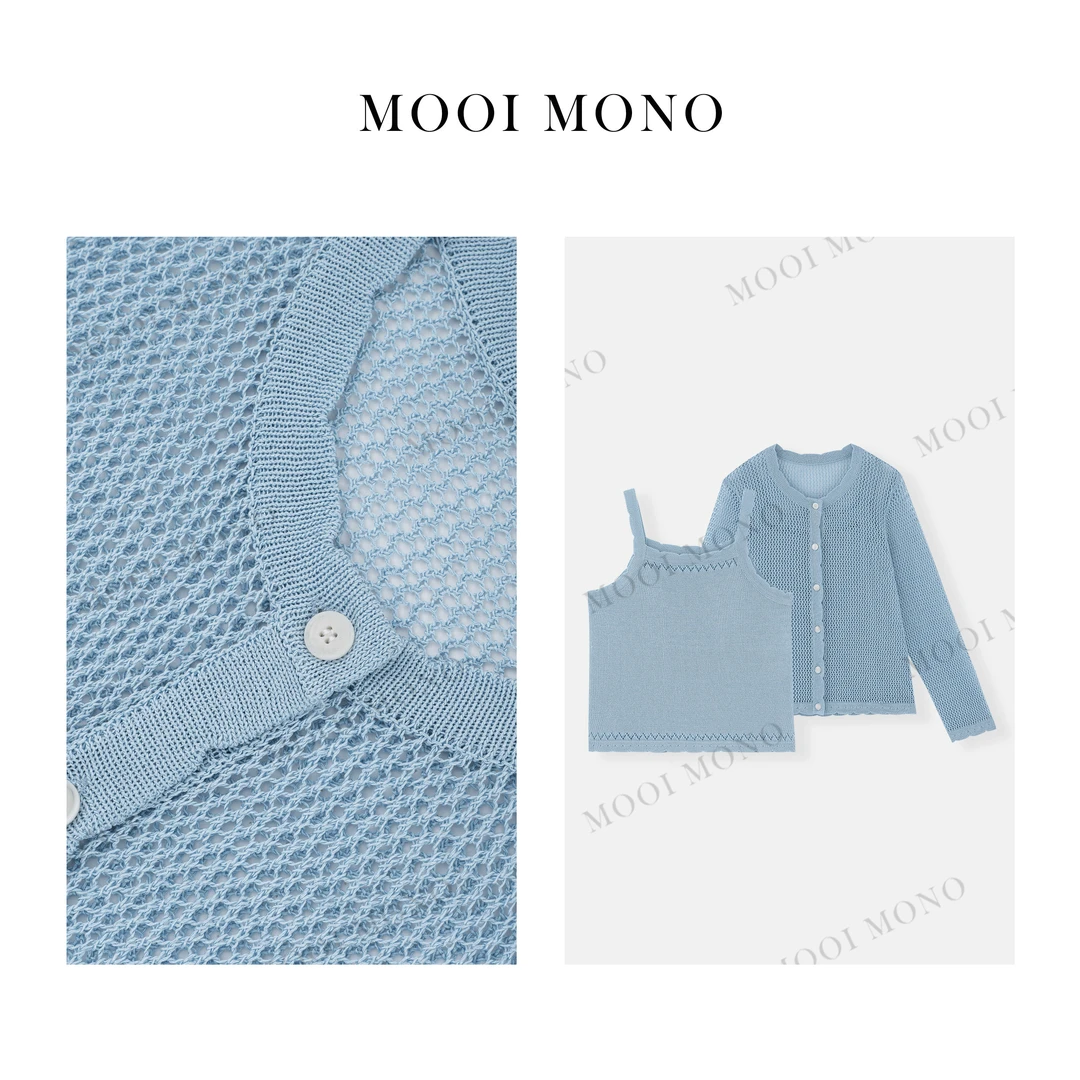 MOOI MONO"假日天蓝"显瘦镂空薄款真两件套针织开衫吊带 F437D51