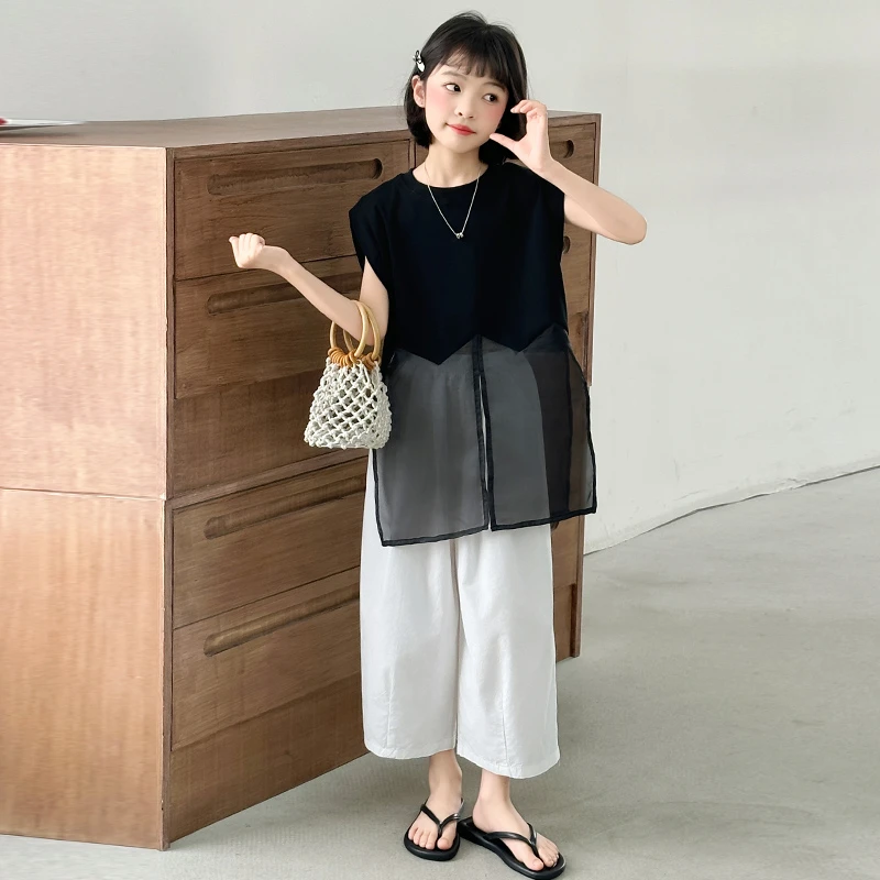 女童夏季新款套装假两件拼接上衣韩版阔腿裤6-12岁高级感两件套潮