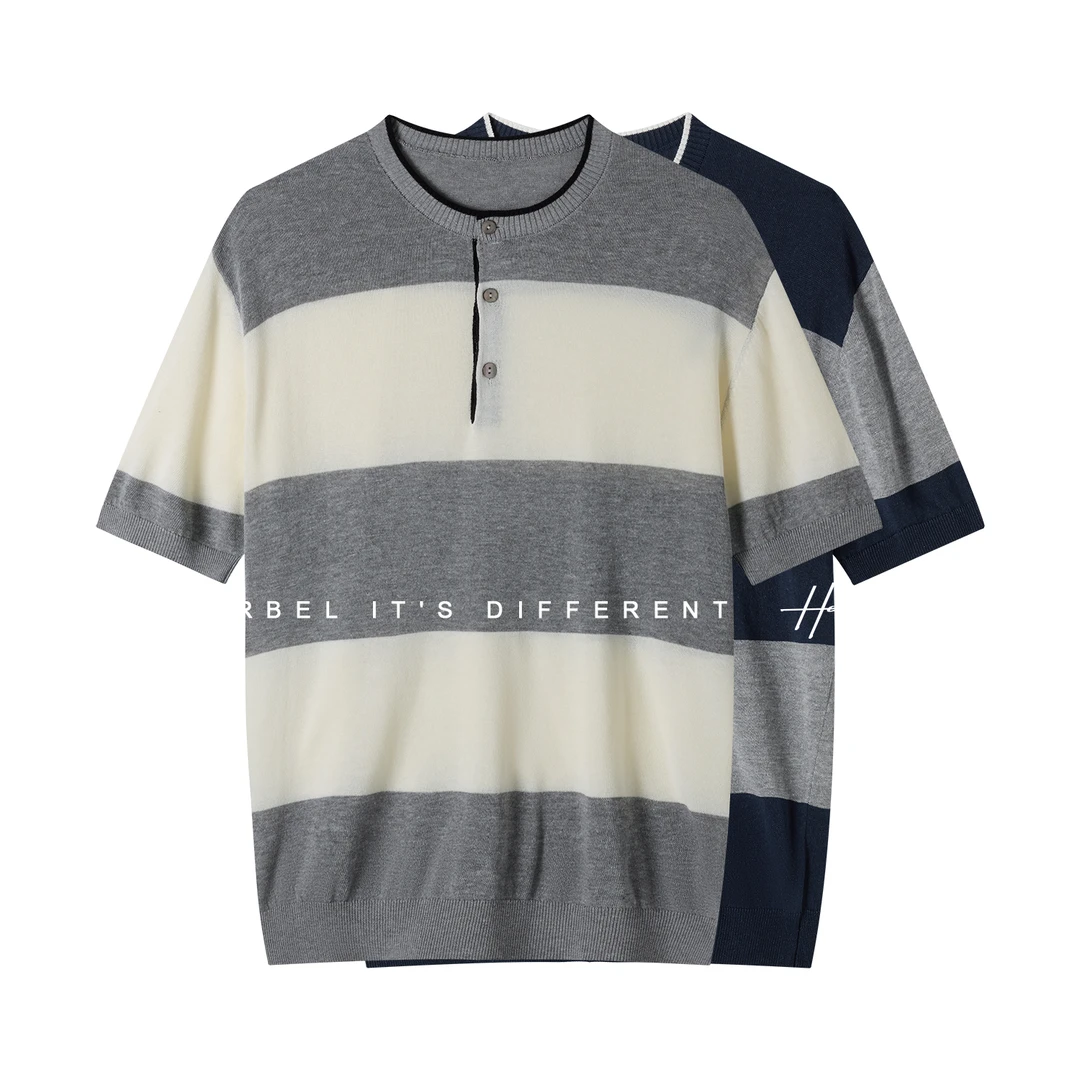 HERBEL/黑白2025男装条纹拼色宽条纹休闲T恤针织撞色毛衣百搭