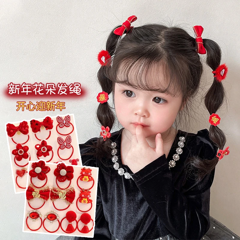 儿童皮筋女童扎发橡皮筋发圈不伤发女宝宝新年红色绳过年发饰