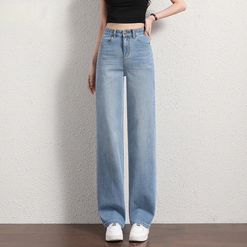 蓝色窄版阔腿牛仔裤女2025年薄款小个子女款宽松显瘦百搭直筒裤子