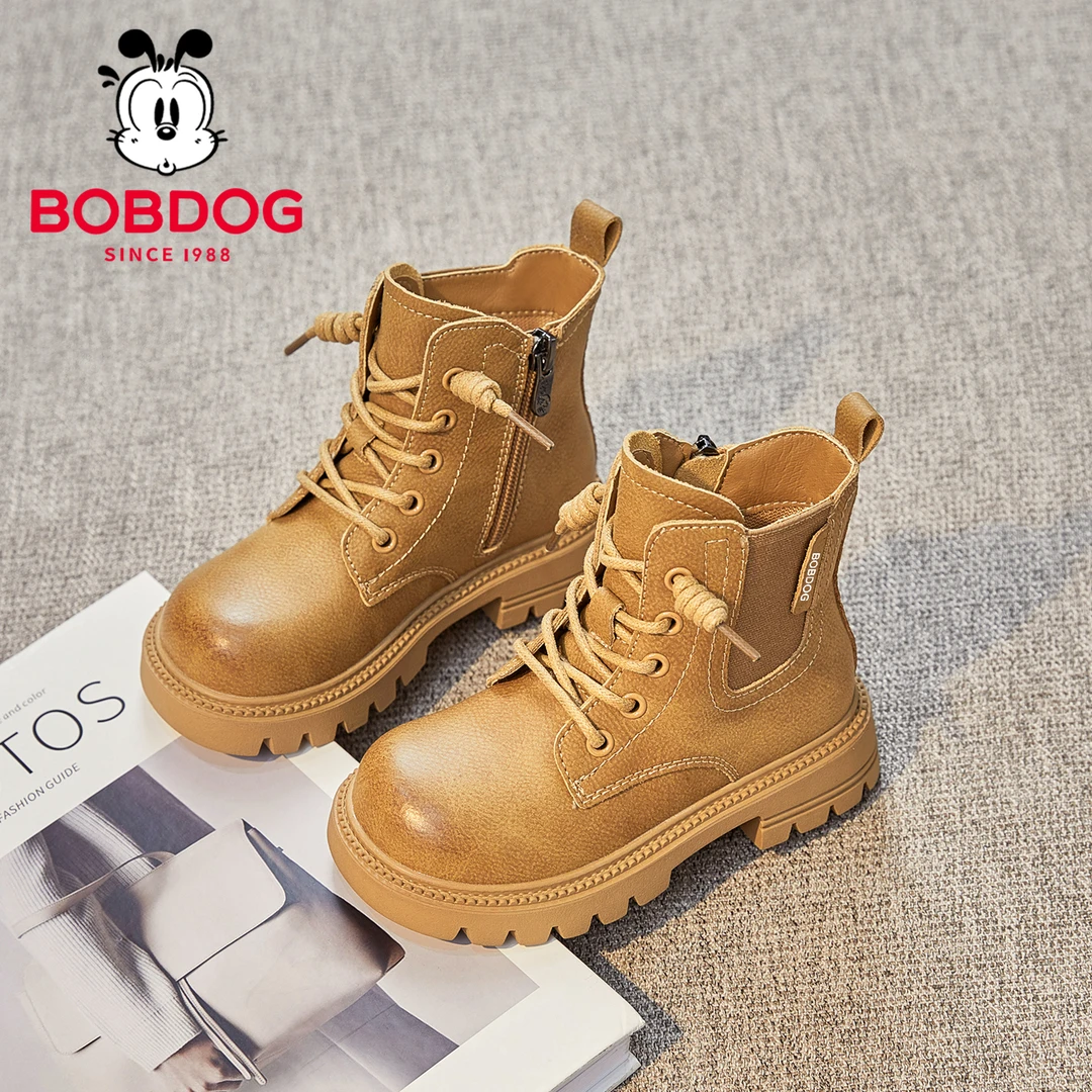 巴布豆女童加绒马丁靴2025秋冬新款儿童短靴女宝宝户外登山皮靴子