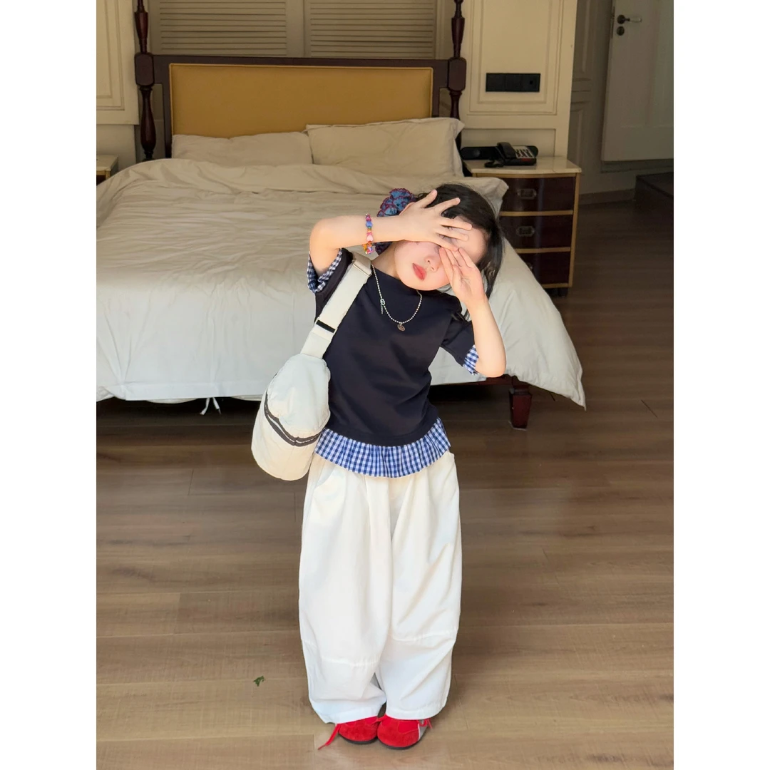 女童T恤衫2025夏季新款中小童2-7岁韩版撞色拼接打底衫儿童短袖潮