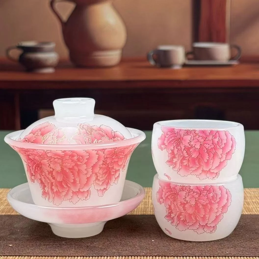 琉璃【粉牡丹-三才盖碗】+2杯2251