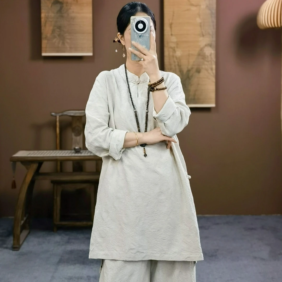 束心新中式女装秋装新款立领盘扣亚麻织花侧开叉九分袖中长款上衣