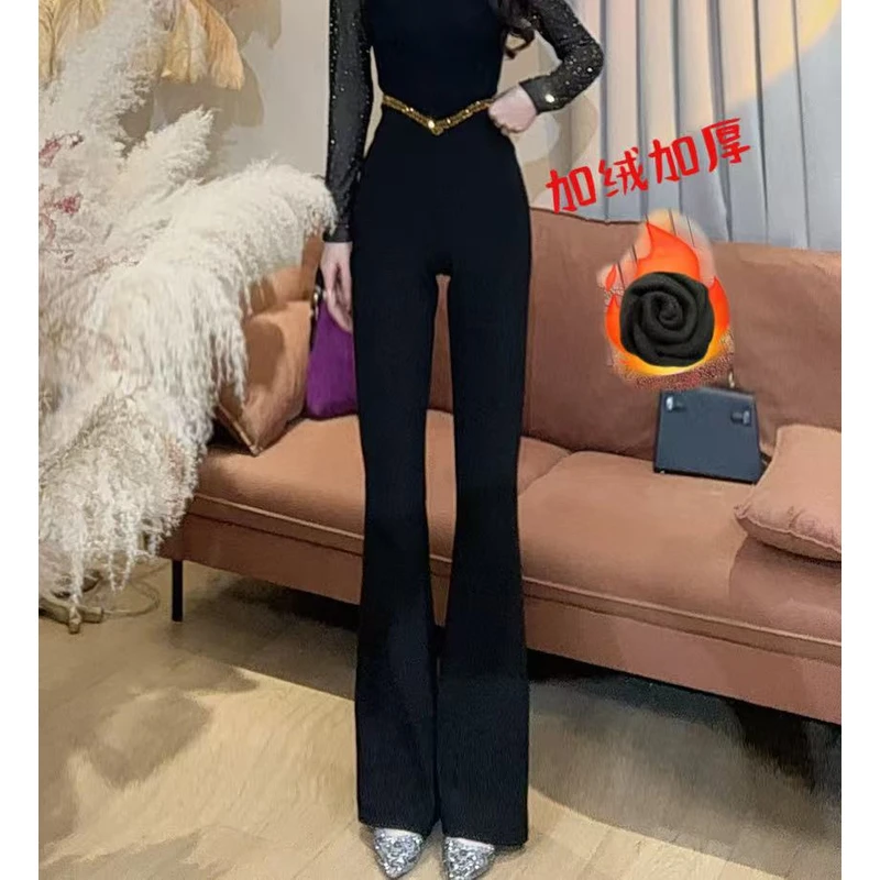 【美美专享】550315秋冬新款时尚钻边修身显瘦微喇裤女