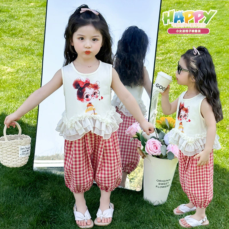 女童夏季新款无袖花边小女孩上衣格子裤两件套