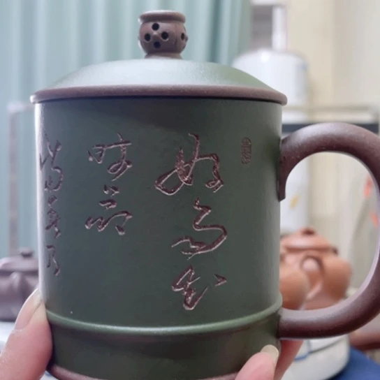 紫砂茶杯底槽清粉浆刻绘杯