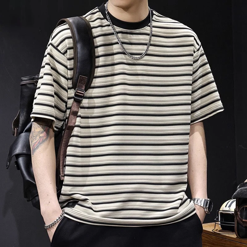 MR.MUDI/穆迪先生条纹撞色短袖t恤男士夏季2025新款大码高端衣服
