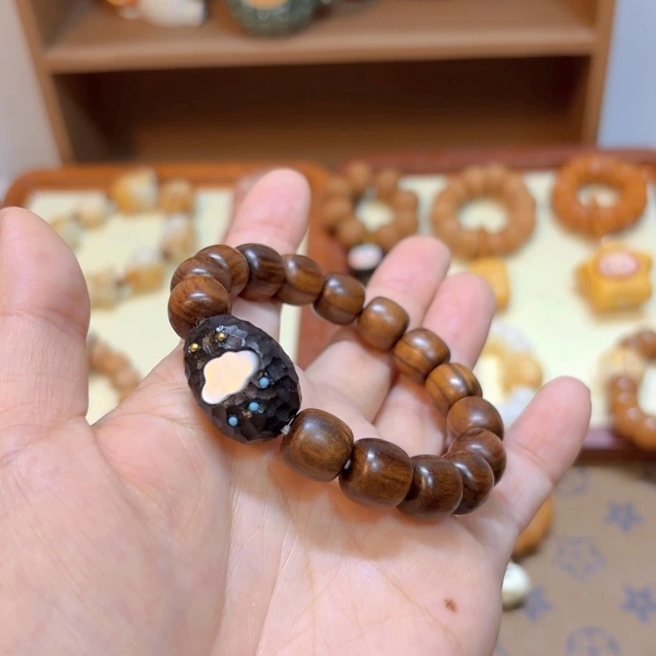 星月菩提手串花梨木桶珠黑檀镶嵌白贝