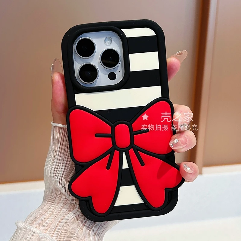 条纹蝴蝶结适用苹果16promax手机壳女款15全包14可爱13立体12潮11