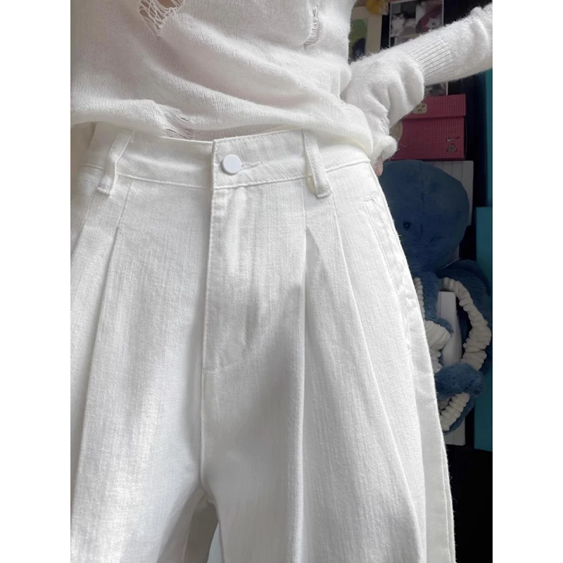 肌理感白色牛仔裤女春夏新款设计感褶皱阔腿裤高腰显瘦垂感直筒裤