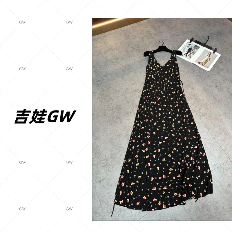 GW乔其纱【黑纱流韵】新款法式复古度假风黑色花性感气质v领背心裙