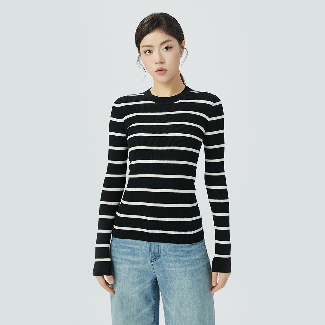 阿玛施AMASS新款女装绵羊毛圆领基础百搭条纹长袖针织衫女5399639