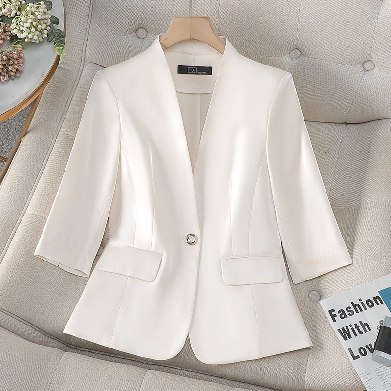 高端醋酸缎面小西装外套女2025春夏季新款七分袖修身显瘦气质西服