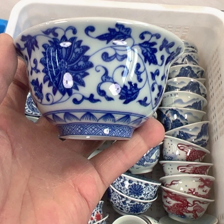 瓷片白青花缠枝莲压手杯全品