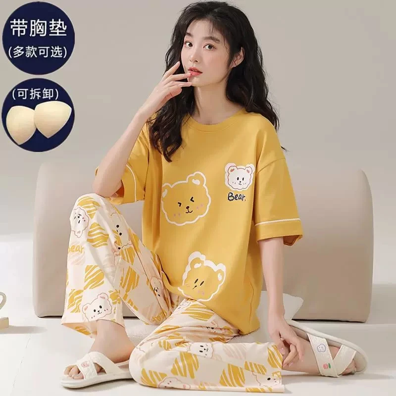 2025新款春秋款睡衣女带胸垫夏季短袖长裤宽松韩版时尚家居服套装