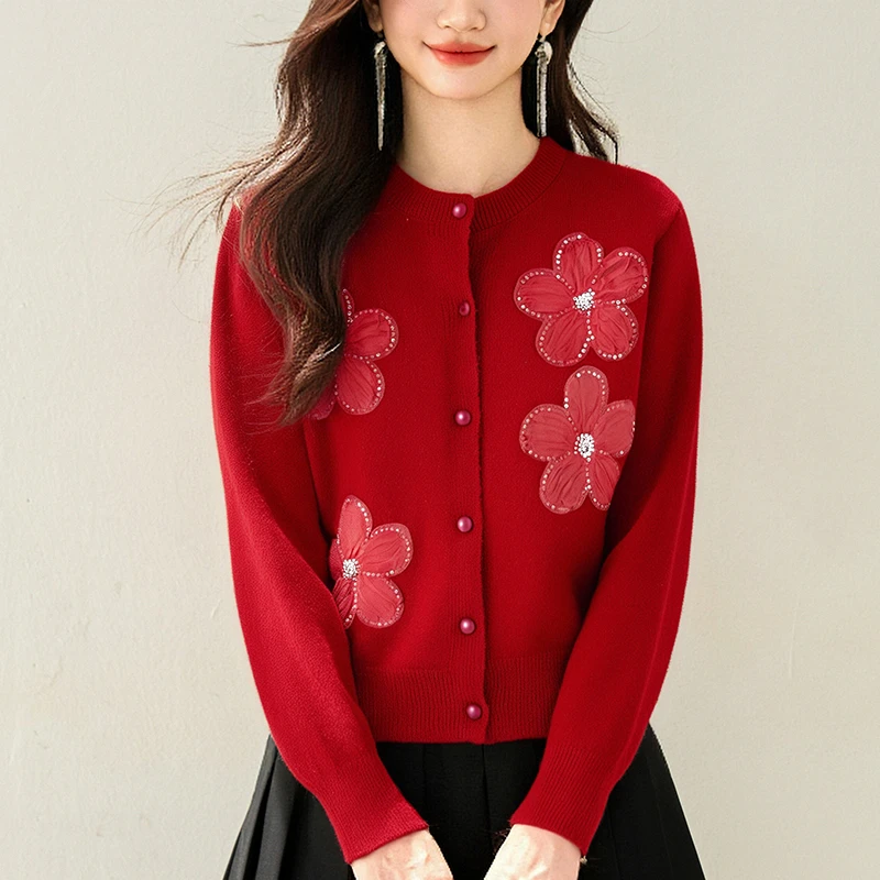 韩系复古圆领针织开衫女2025秋季新款时尚甜美立体花朵单排扣上衣