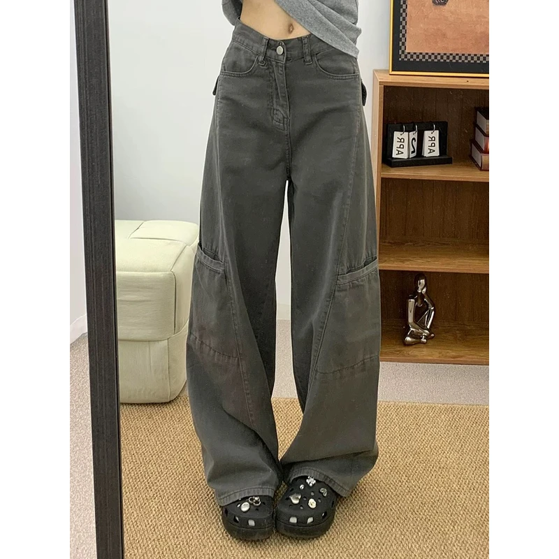 美式水泥灰阔腿工装裤女春季胖妹妹mm宽松显瘦梨型身材拖地休闲裤