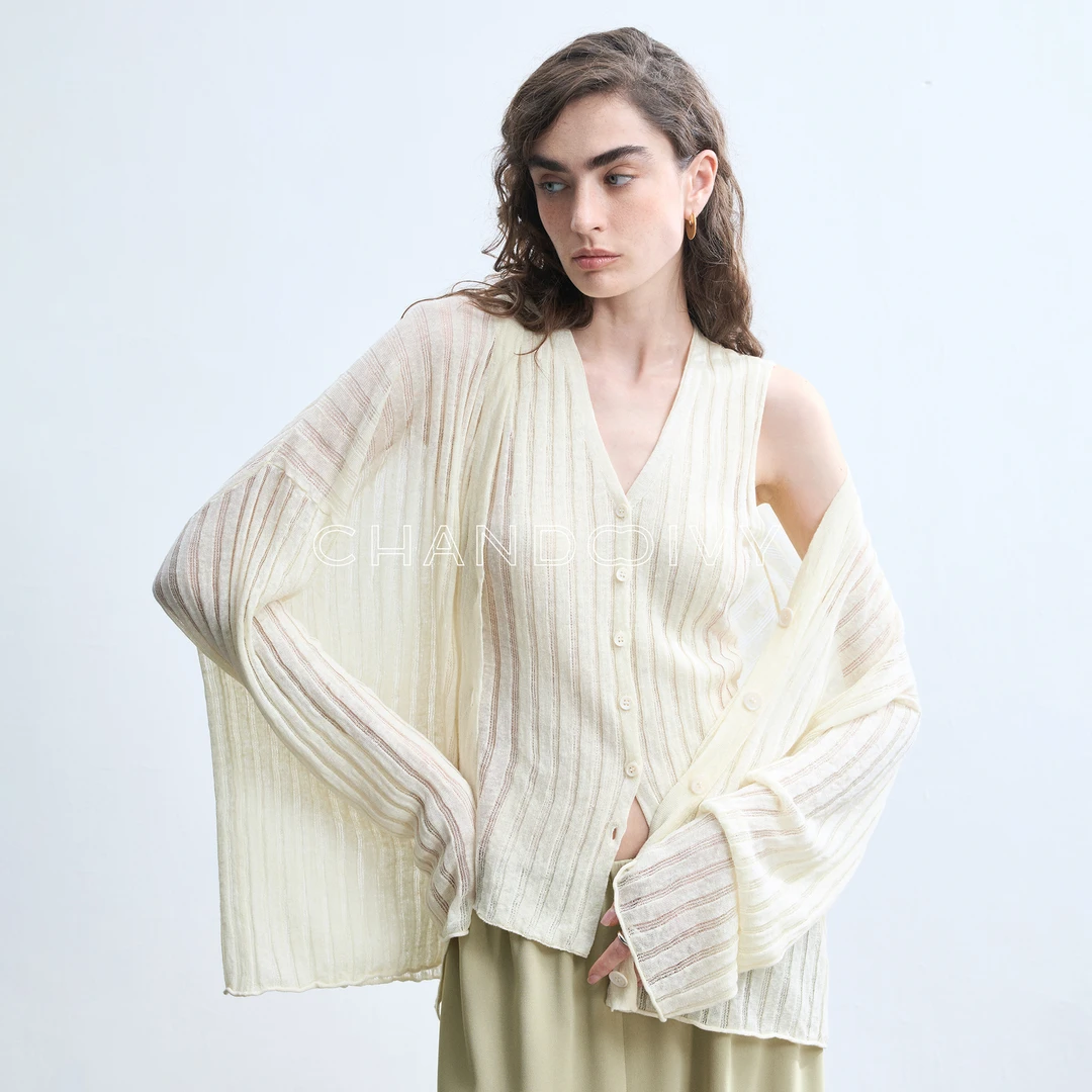 CHANDOOIVY干爽凉感100%自然肌理亚麻纱 松弛复古镂空开衫/马甲