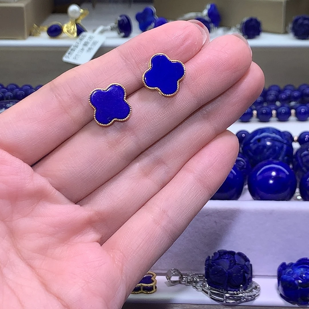 青金石合金天然原矿四叶草耳钉11m +