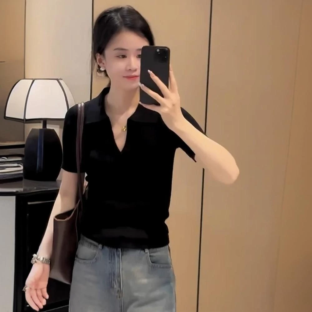 韩系简约黑色Polo领短袖t恤2025夏季新款小众设计感修身显瘦上衣
