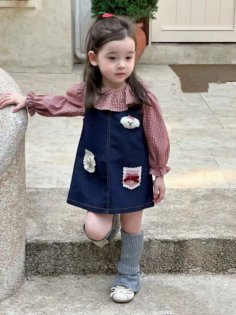 自制红格子牛仔套装