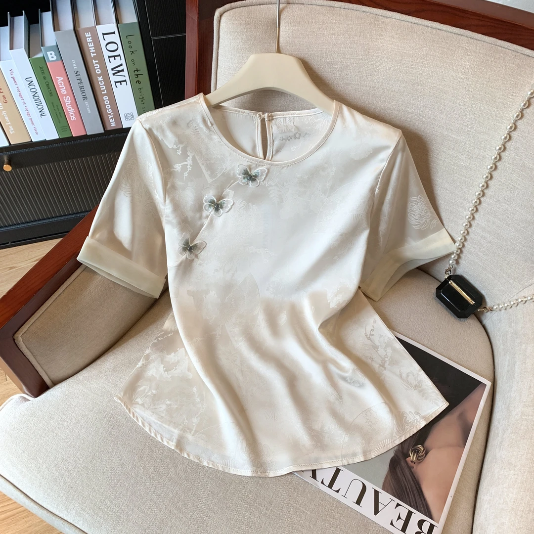 复古国风短袖2025夏季新品盘扣新中式提花宽松显瘦洋气高级感衬衫