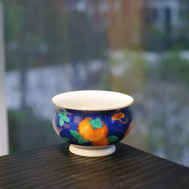 茶禾 景德镇手绘满工柿柿如意高足杯