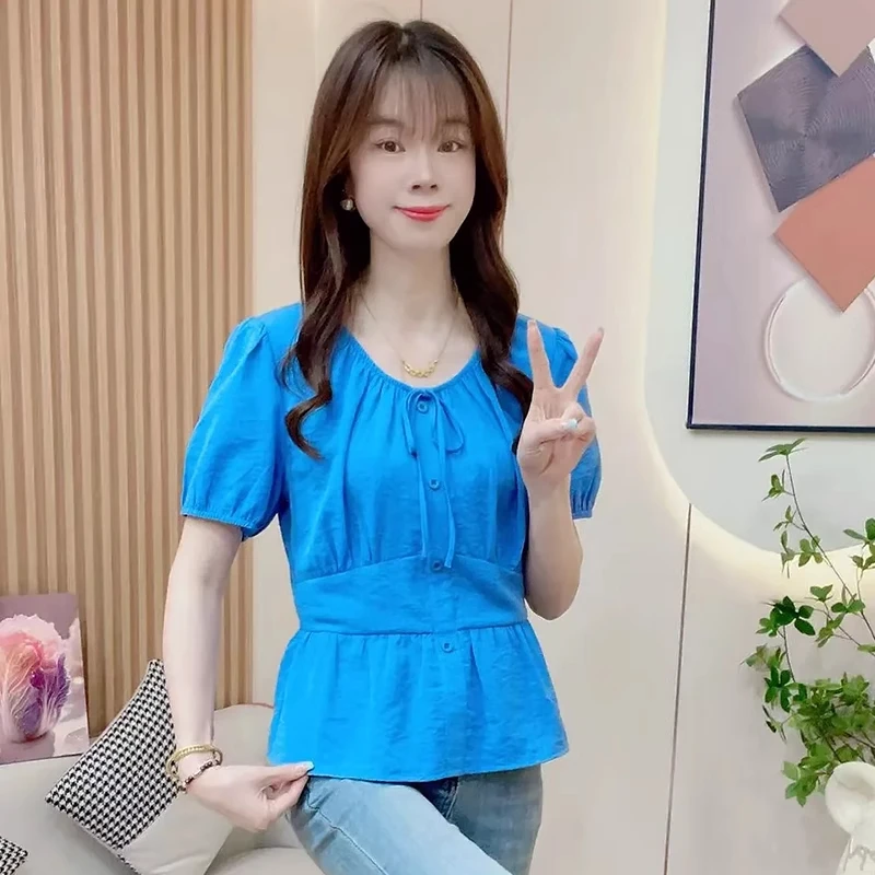 时尚衬衫女2025夏季新款洋气显瘦小个子百搭休闲抽绳褶皱短袖上衣