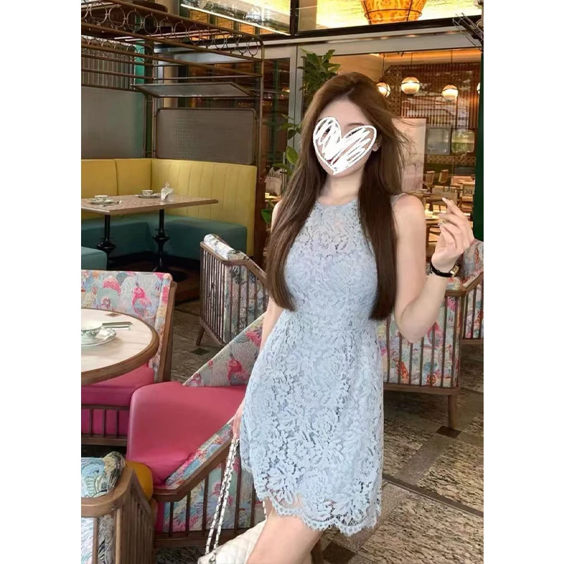 【恋综女友】夏季新款千金感温柔风蕾丝无袖连衣裙