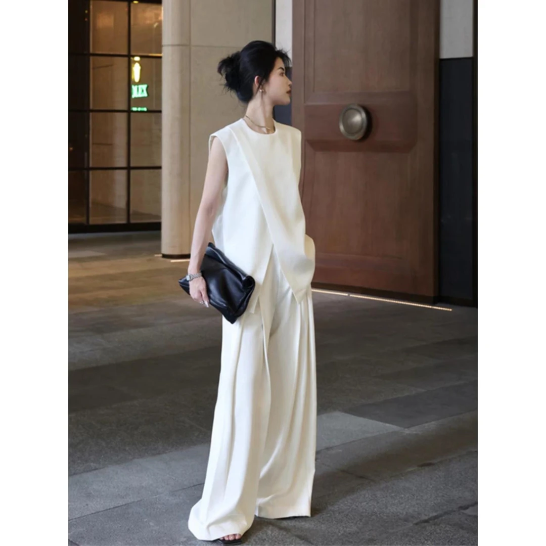 夏季干练气质女装高级感御姐女神范时尚不规则西装马甲阔腿裤套装